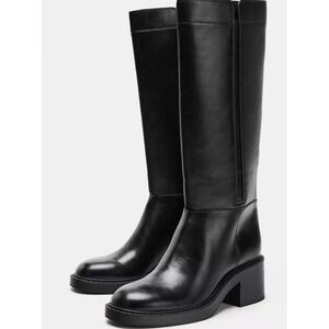 Zara $139 Faux Leather Black Boots Chunky Block Low Rubber‎ Heel Hunting Moto